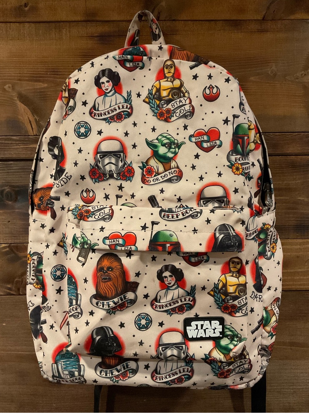 LOUNGEFLY Star Wars Tattoo Flash Print Backpack Princess Leia Yoda Chewbacca